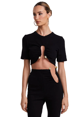 CROPPED SHORT SLEEVE WITH OPENING ON THE BUST AND METAL DETAILS