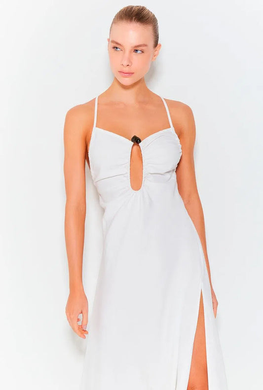 LONG SINGLE FRONT DRESS WITH RING ON THE BUST
